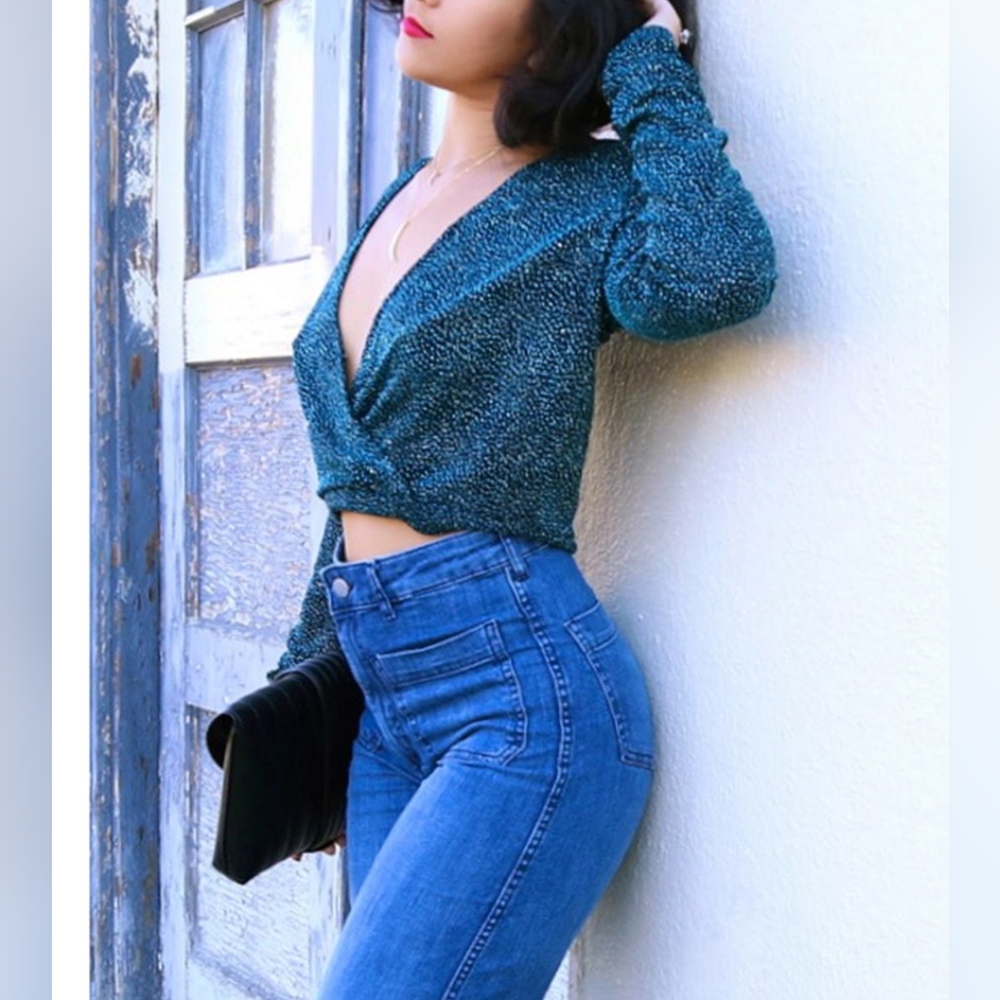 NWT H&M Emerald Green Teal Crop Glitter Blouse